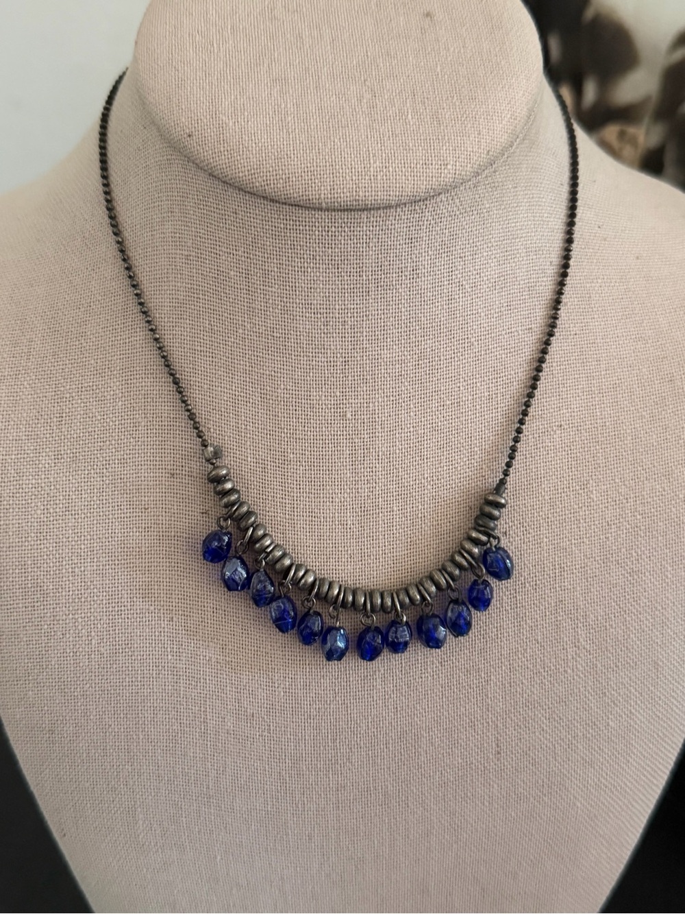 Vintage Gun Metal &Cobalt Blue Glass Beads Fringe Beaded Necklace